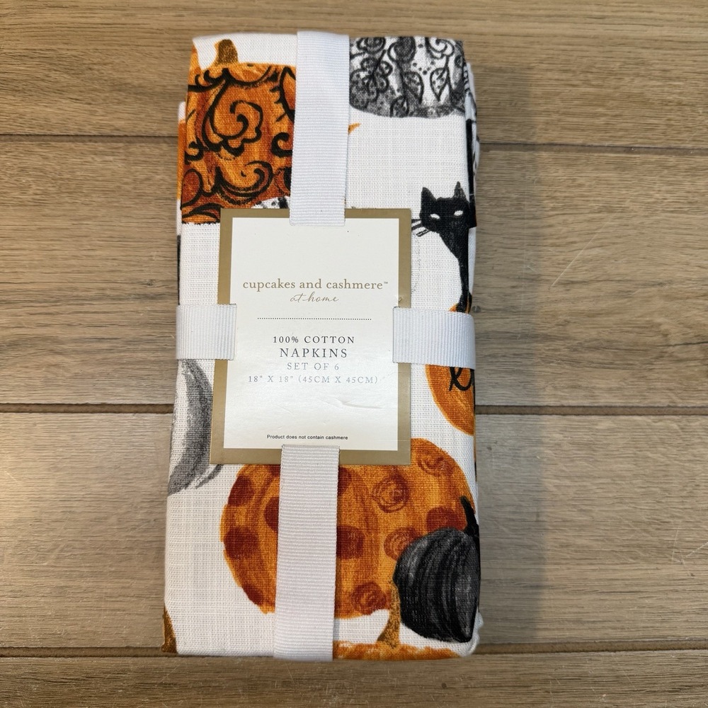 Cupcakes & Cashmere Halloween Napkin Set Of 6 Pumpkins Black Cat 100% Cotton New